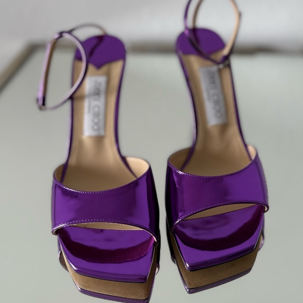 New JIMMY CHOO Brien Silver Ankle Strap Wedge Sandal, 85mm 37